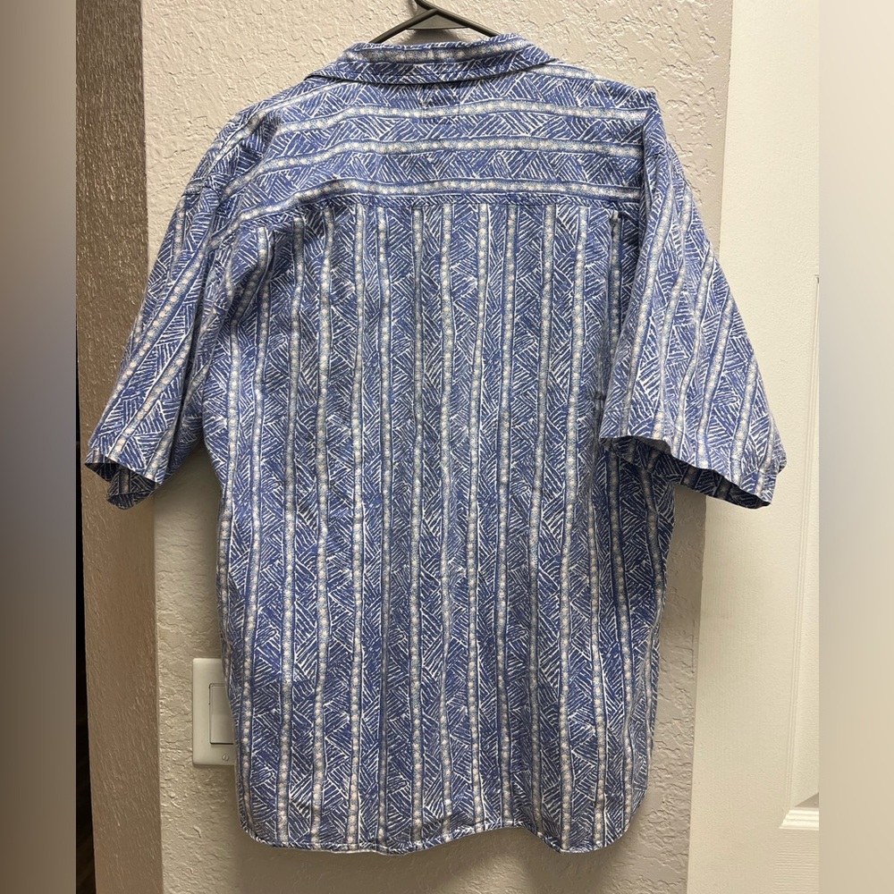 Vintage 90s Shah Safari Shirt Blue & White Abstract Crosshatch Pattern Sz Large - Picture 2 of 4